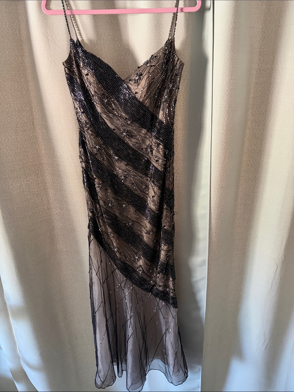 Stephen Yearick Black and Beige Beaded Asymmetrical Slip Dress